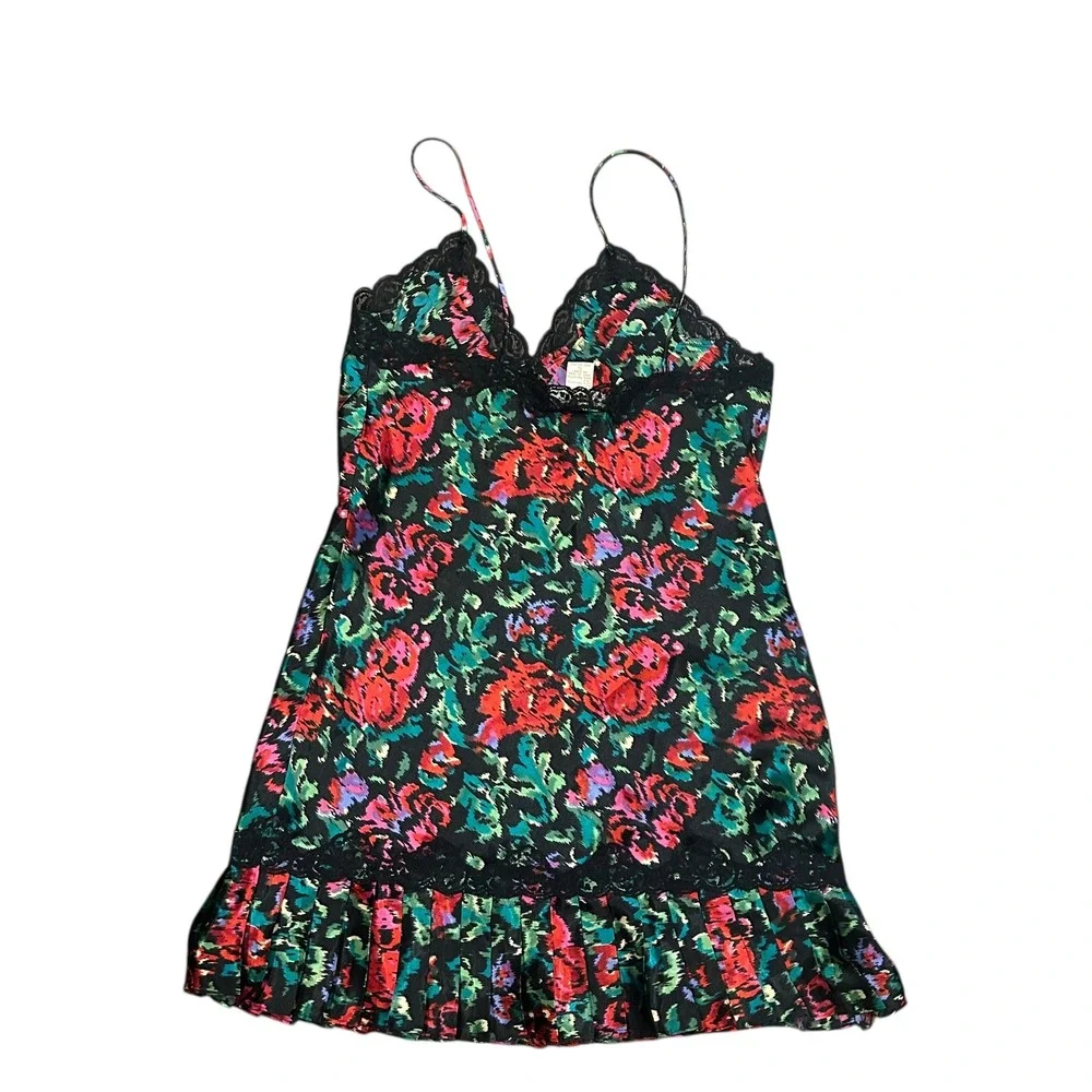 Victoria Secret Vtg Gold Label Floral Satin Lace Trim Babydoll Slip Mini‎ Dress